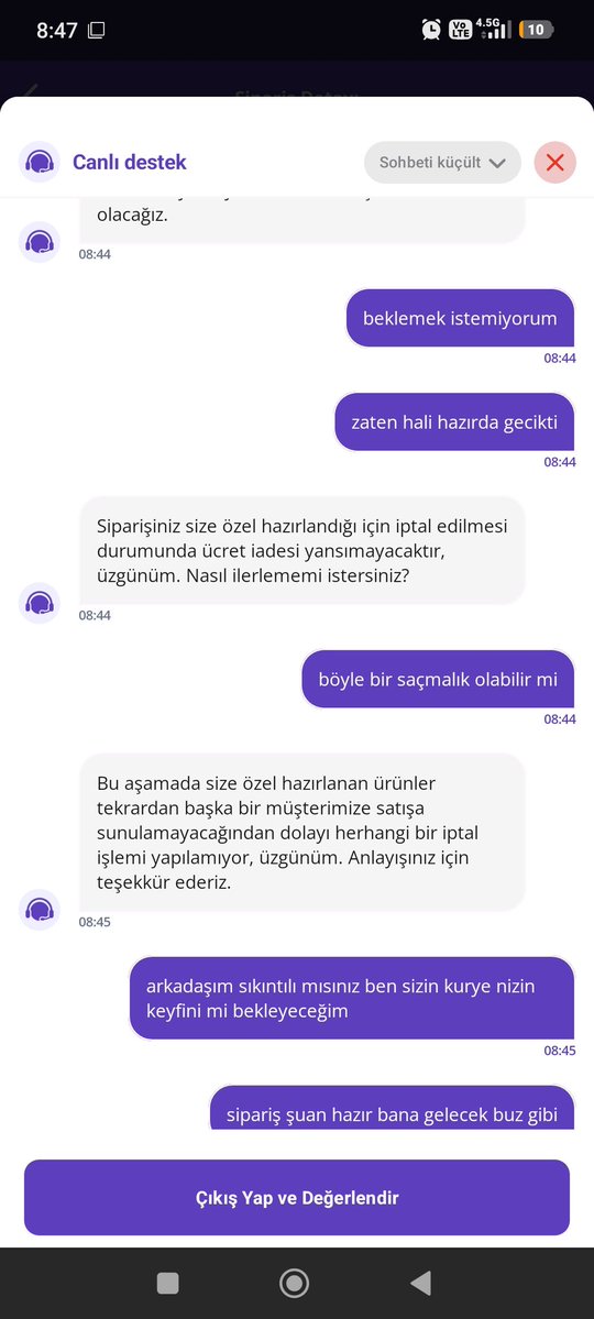 velitutu's tweet photo. Müşteri temsilcileriniz benimle dalga geçiyor @getir şu durumu çözmek bu kadar zor olmamalı ben bu durumda sürekli sizin keyfinizi beklemek zorunda değilim birde görüşme sonlandırıyorlar https://t.co/crKFptk8BS