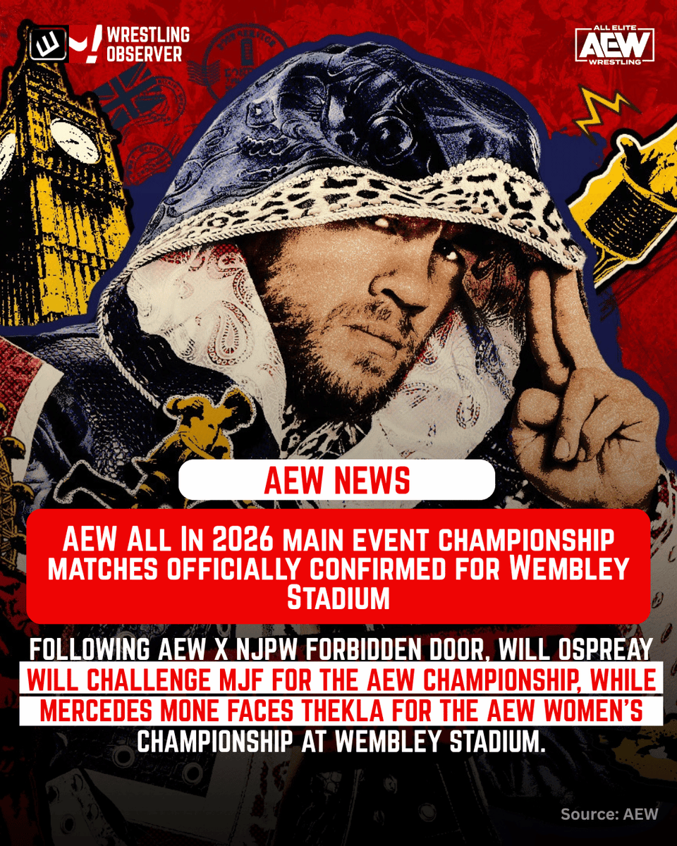 WONF4W's tweet photo. AEW officially confirmed the main event title matches for All In 2026 at Wembley Stadium following AEW x NJPW Forbidden Door, setting up major championship clashes for London.

Read full article here
https://t.co/n9nWkaoL1g https://t.co/3vWTJQBL5E