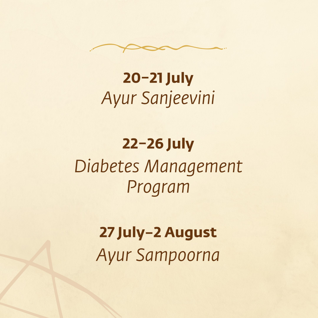ishafoundation's tweet photo. Explore upcoming programs at Isha Health Solutions designed to support health and wellbeing.

Ayur Rasayana | 10–12 July
Joint and Musculoskeletal Disorders Treatment Program | 13–19 July
Ayur Sanjeevini | 20–21 July
Diabetes Management Program | 22–26 July
Ayur Sampoorna | 27 July–2 August

Know more at https://t.co/hYEMj1Mkls