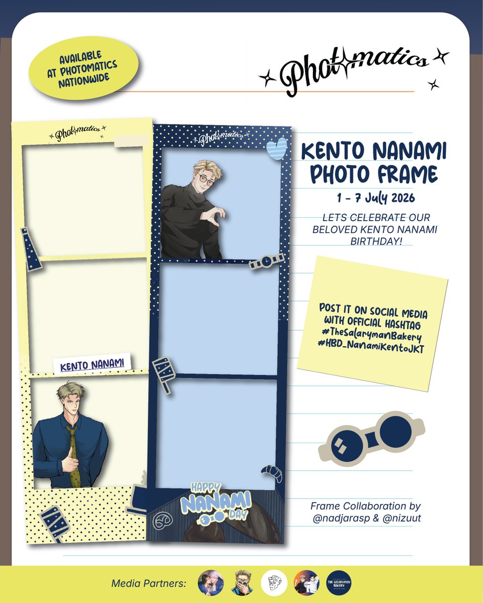 jujutsugeng's tweet photo. CELEBRATE HIS BIRTHDAY, TAKING PICTURE TOGETHER!🥰

Nanami Kento photo frame event collaboration with @nadjarasp &amp; @nizuut at @photomaticsid 

📷 1 - 7 July 2026

Post your photos and tag us!
#TheSalarymanBakery 
#HBD_NanamiKentoJKT https://t.co/duuyMcAvrb