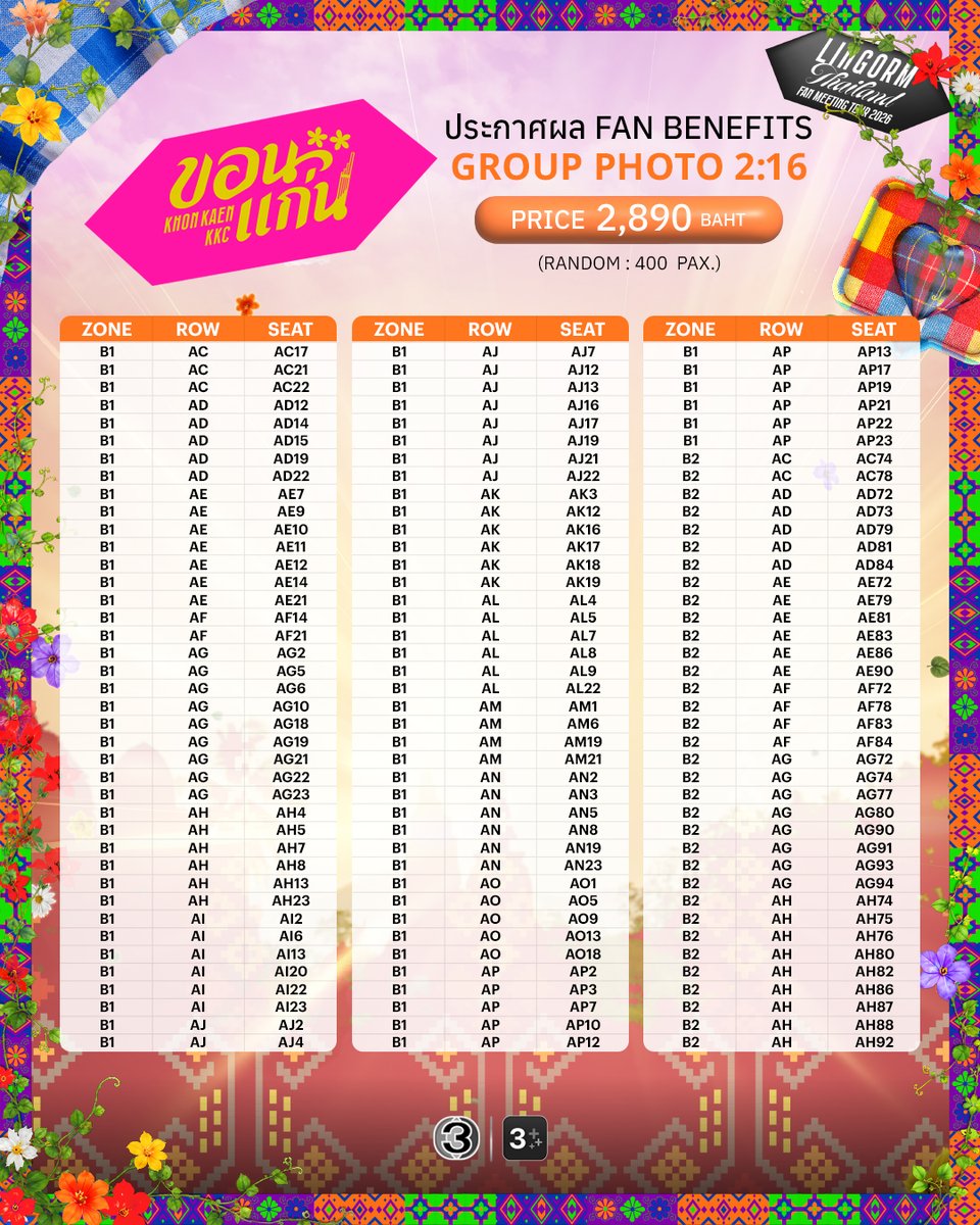 Ch3Thailand_33's tweet photo. ประกาศผลผู้โชคดีจากการ Random Fan Benefits: Group Photo งาน "LINGORM Thailand Fan Meeting Tour ขอนแก่น"

โปรดนำบัตรเข้างาน และบัตรประชาชนตัวจริง หรือ Passport ตัวจริง ที่ตรงกับชื่อบนบัตรเข้างาน มาติดต่อรับสิทธิ์ในวันเสาร์ที่ 4 กรกฎาคม 2569 ได้ตั้งแต่เวลา 10.00 น. - 16.00 น. ที่จุดลงทะเบียนรับเบเนฟิต ณ ศูนย์ประชุมอเนกประสงค์กาญจนาภิเษก มหาวิทยาลัยขอนแก่น

#LingOrmThailandFMTour #ขอนแก่น #KhonKaen #หลิงออม #LingOrm

..........................

Announcement of Lucky Draw Winners for Fan Benefits: Group Photo Session at "LINGORM Thailand Fan Meeting Tour Khon Kaen"

Lucky winners are required to present the official event ticket and original Thai National ID card (or original passport) to claim their privilege on Saturday, July 4, 2026, from 10:00 AM to 4:00 PM at the benefits registration booth.

Important: The name on your ID must exactly match the name registered on your event ticket.

Benefits registration booth location at Golden Jubilee Convention Hall, Khon Kaen University.

#LingOrmThailandFMTour #ขอนแก่น #KhonKaen #หลิงออม #LingOrm