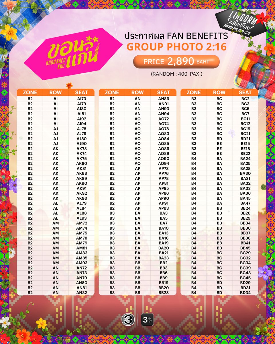 Ch3Thailand_33's tweet photo. ประกาศผลผู้โชคดีจากการ Random Fan Benefits: Group Photo งาน "LINGORM Thailand Fan Meeting Tour ขอนแก่น"

โปรดนำบัตรเข้างาน และบัตรประชาชนตัวจริง หรือ Passport ตัวจริง ที่ตรงกับชื่อบนบัตรเข้างาน มาติดต่อรับสิทธิ์ในวันเสาร์ที่ 4 กรกฎาคม 2569 ได้ตั้งแต่เวลา 10.00 น. - 16.00 น. ที่จุดลงทะเบียนรับเบเนฟิต ณ ศูนย์ประชุมอเนกประสงค์กาญจนาภิเษก มหาวิทยาลัยขอนแก่น

#LingOrmThailandFMTour #ขอนแก่น #KhonKaen #หลิงออม #LingOrm

..........................

Announcement of Lucky Draw Winners for Fan Benefits: Group Photo Session at "LINGORM Thailand Fan Meeting Tour Khon Kaen"

Lucky winners are required to present the official event ticket and original Thai National ID card (or original passport) to claim their privilege on Saturday, July 4, 2026, from 10:00 AM to 4:00 PM at the benefits registration booth.

Important: The name on your ID must exactly match the name registered on your event ticket.

Benefits registration booth location at Golden Jubilee Convention Hall, Khon Kaen University.

#LingOrmThailandFMTour #ขอนแก่น #KhonKaen #หลิงออม #LingOrm