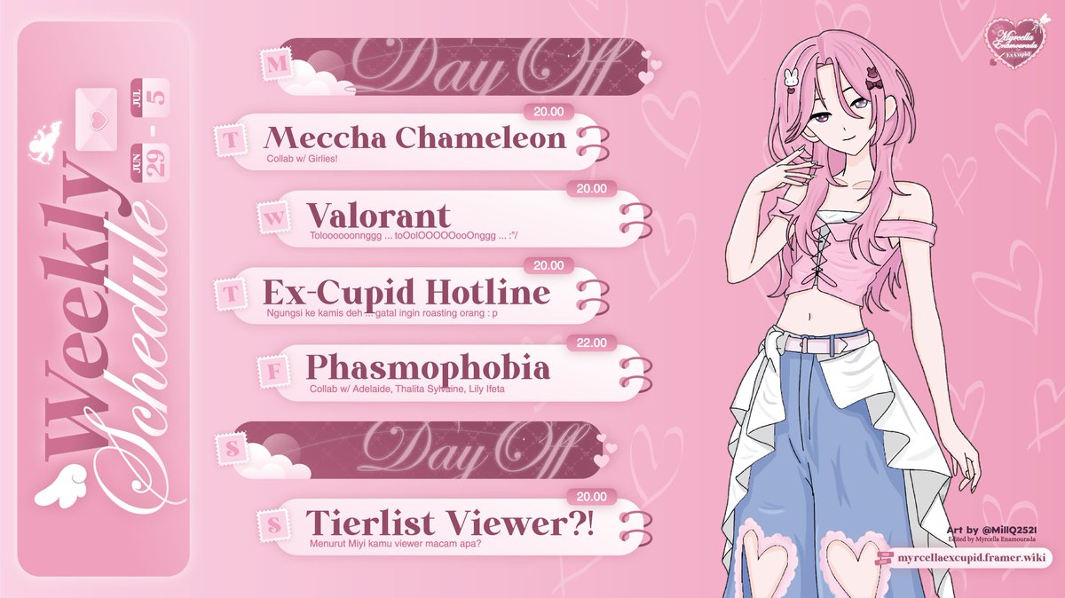 myrcellaXcupid's tweet photo. Here is my hashtags!

General #MyrcellaExCupid
Live #CallMyrCella
Fanart #MyrcellArt
Clips #CupidClips
Meme #MemeCella

Oshi Mark 🏹💘
Famname #Milafs

Ceritain curhatan kalian ke:
https://t.co/JTsfuvgvyq

Weekly Schedule! https://t.co/DOGXTGt6iz