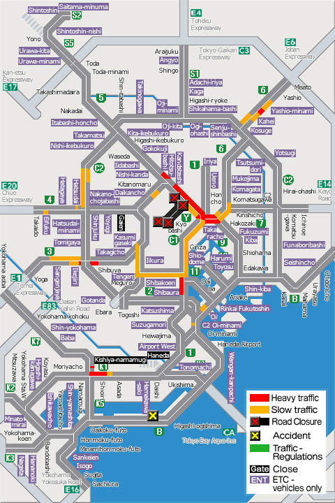 shutoko_EN's tweet photo. This map shows the traffic conditions as of  3 p.m. on the Metropolitan Expressway. For more information, please see the following link.
#Shutoko
https://t.co/cIezY49sXn https://t.co/jbGjF8shyf