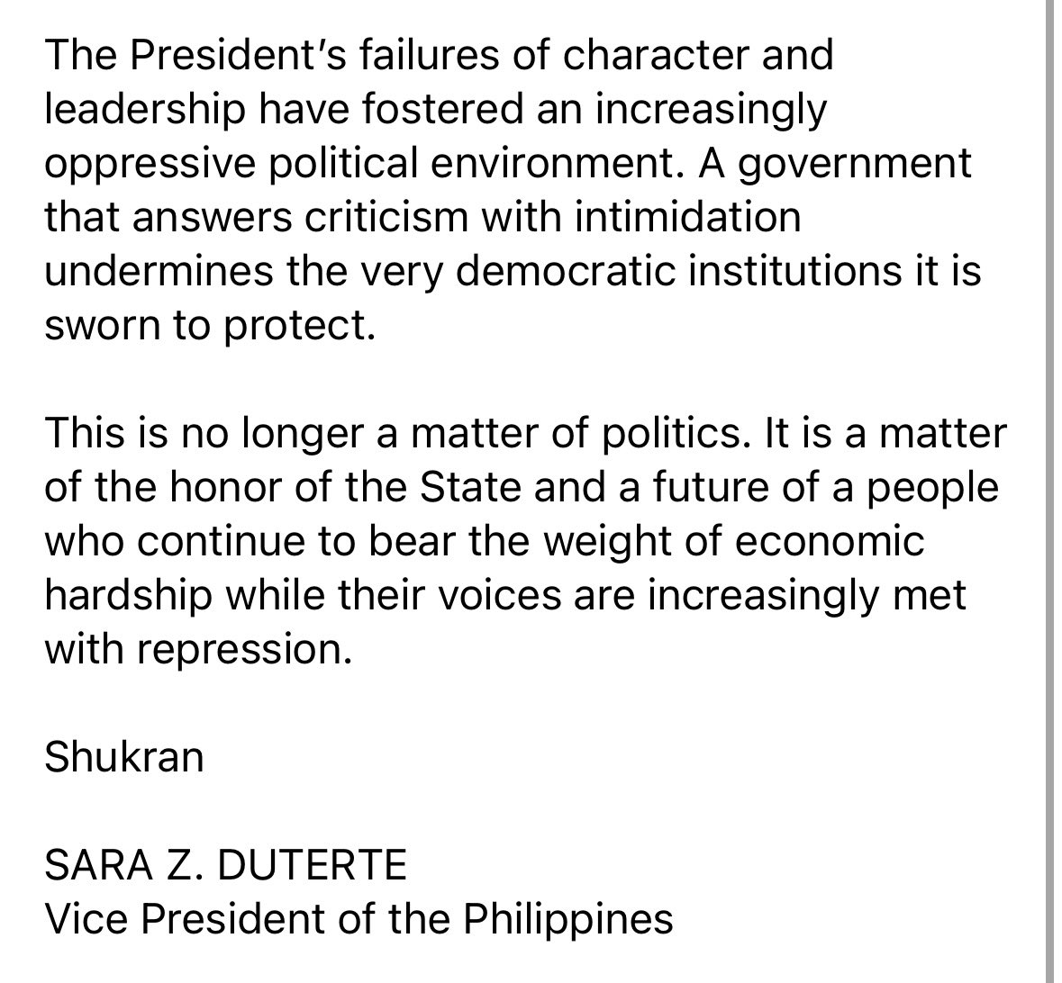 ABSCBNNews's tweet photo. Vice President Sara Duterte says the EDSA gathering this Tuesday reflects a sentiment she has expressed since 2024.  

"This is no longer a matter of politics. It is a matter of the honor of the State and a future of a people who continue to bear the weight of economic hardship." | via @JervisManahan