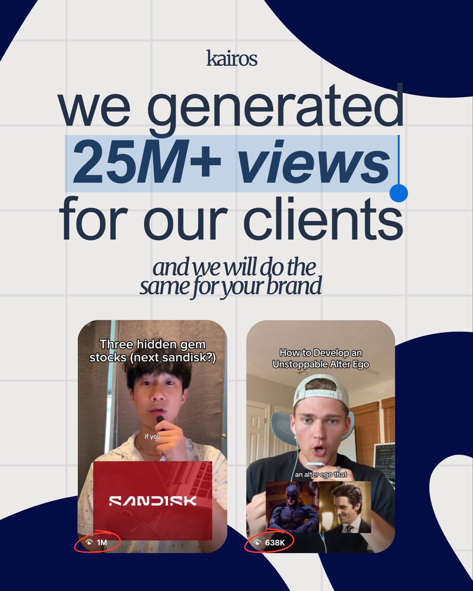 KairosContent's tweet photo. 🚨 Tech founders and app builders 🤓 listen up

We’ve generated over 25 million views for brands across social media at 1-2% CTR. We will script, edit, post, source creators and more 

We have 30+ creators who are ready to post but we need more people building consumer software— so DM us as soon as possible if you want our agency to work with you ealry on. 

Also looking to connect with founders in the space so feel free to drop a follow because we will be in sf this summer!