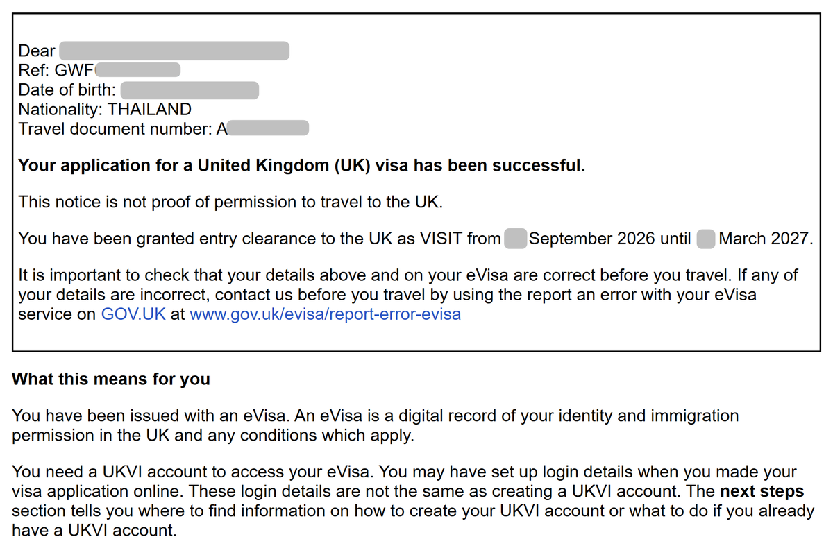 processic's tweet photo. UK Visa (อังกฤษ, สก๊อตแลนด์, เวลส์, ไอร์แลนด์เหนือ) ตอนนี้เป็น eVisa ไม่มีสติกเกอร์ติดใน Passport ไม่ต้องทิ้งเล่มไว้ที่ศูนย์ vfs แล้ว 

แต่มีขั้นตอนเพิ่มมาคือหลังจากได้วีซ่าต้องสมัครแอคเคาท์ที่ UKVI แล้วเชื่อมวีซ่าเข้าแอค และกด share code ไว้แจ้งสายการบิน หรือจนท.ที่เกี่ยวข้อง 

vfs รับสมัครให้ 931 บาทมั้ง สมัครเองก็ได้ ง่ายมาก แค่ขั้นตอนเยอะหน่อย รูปนี้คืออีเมลที่แจ้งว่าวีซ่าอนุมัติแล้ว อย่าลืมไปทำ UKVI