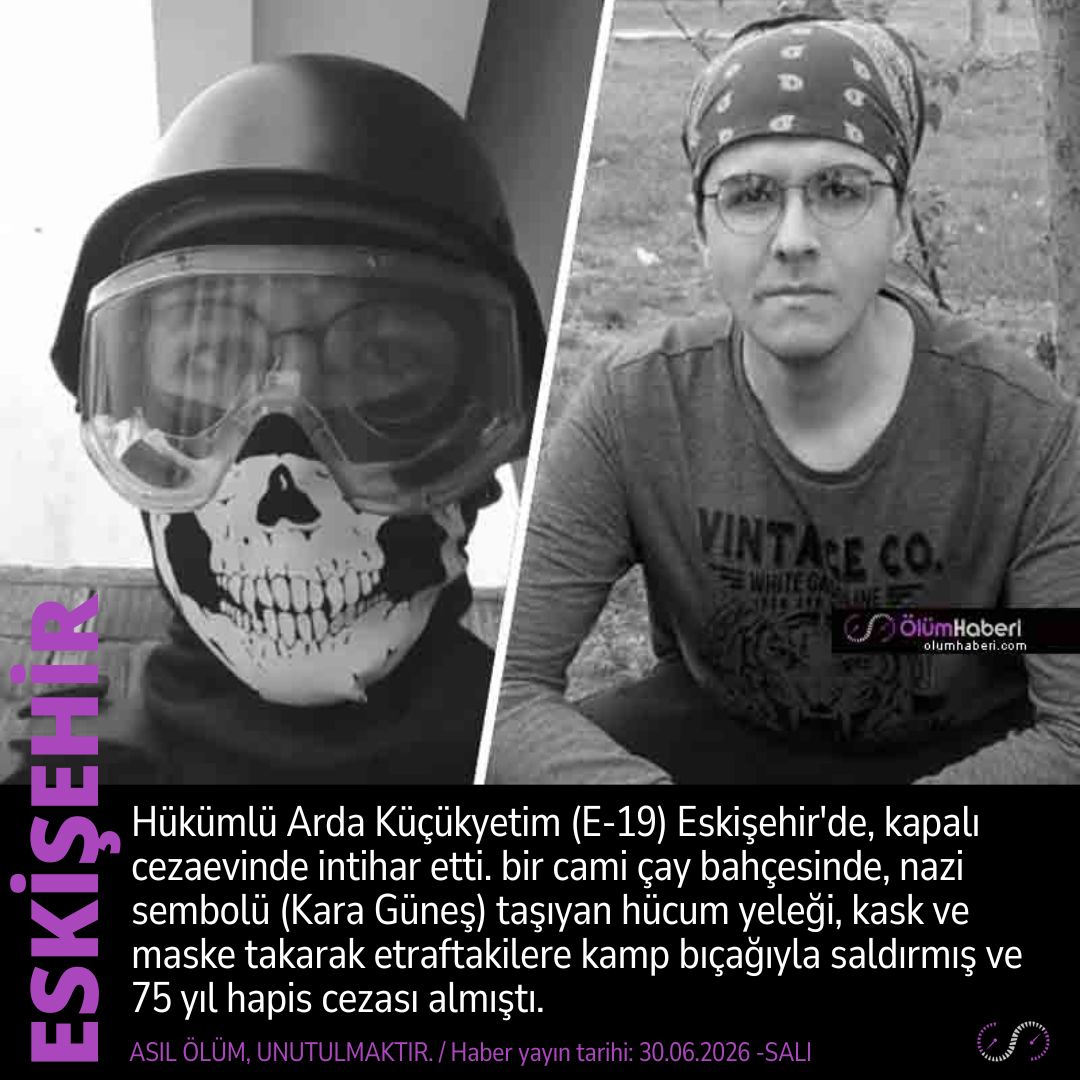 OlumHaberi's tweet photo. Hükümlü Arda Küçükyetim (E-19) Eskişehir’de, kapalı cezaevinde intihar etti.
https://t.co/XaxFBjuUYB
#Hukumlu #ArdaKucukyetim #Eskisehir #cezaevi #intihar #vefat #cenaze https://t.co/LL1uO13e1n
