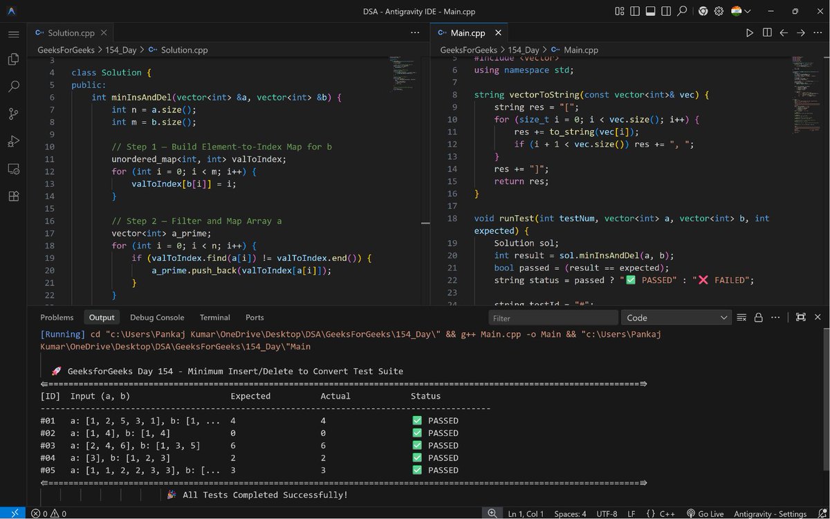 PankajB42550's tweet photo. 🚀 #Day 154/100 (Min Insertions to Make Two Arrays Equal @GeeksforGeeks – #Daily)!

Key: Map b → indices. LCS becomes LIS on a's mapped indices. Ops = n + m - 2×LIS.

✓ O(n log n) | O(n)
✓ Accepted

@CoderArmy #100DaysOfCode #DSA #LCS #LIS #DSA26 #DAY154 https://t.co/HKOXg1AFQP