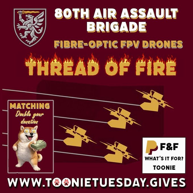 HaraldThorvald1's tweet photo. C'est le « Toonie Tuesday » - 🧵 Thread of Fire 🔥

Nous nous associons à @dzygaspaw pour collecter 8k$ au profit du 1er bataillon de la 80e brigade d'assaut aérien. 
Donnez 2£/€/$ avec Toonie en com'.
Tous les Toonies seront doublés! https://t.co/eq7weicMpj
