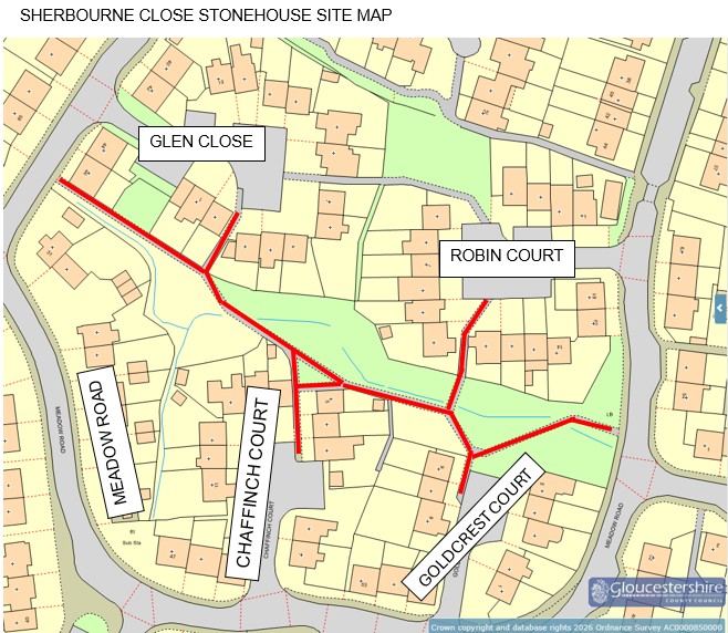 GlosRoads's tweet photo. Sherbourne Close #Stonehouse. Footway resurfacing  works. 2nd - 17th July 2026. Full footway closure. Working hrs 08:00 - 16:00 https://t.co/4sMvtTduss
