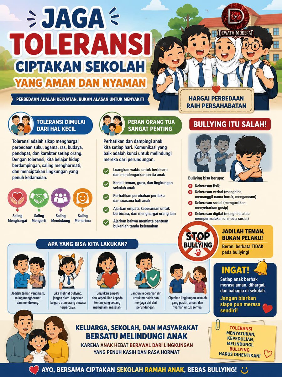 DewataModerat_'s tweet photo. Tidak ada anak yang dilahirkan untuk menjadi korban, dan tidak ada anak yang dibesarkan untuk menjadi pelaku. ❤️

Toleransi dimulai dari hal-hal sederhana: menghargai perbedaan, saling mendengarkan, dan berani menunjukkan kepedulian. Ketika nilai-nilai itu tumbuh di rumah dan diperkuat di sekolah, anak akan belajar bahwa kebaikan selalu lebih kuat daripada perundungan.

Sebagai orang tua, jangan hanya bertanya, "Nilaimu berapa?" Cobalah bertanya, "Hari ini kamu bahagia di sekolah?" atau "Apakah ada teman yang sedang membutuhkan bantuan?" Percakapan sederhana dapat menjadi langkah awal untuk mengetahui apakah anak menjadi korban bullying, menyaksikan bullying, atau bahkan tanpa sadar menjadi pelakunya.

Mari kita hadir, mendengar, mendampingi, dan menjadi teladan. Karena sekolah yang aman bukan hanya tanggung jawab guru, tetapi juga tanggung jawab keluarga dan seluruh masyarakat. Bersama kita ciptakan lingkungan yang penuh toleransi, empati, dan kasih sayang agar setiap anak dapat tumbuh menjadi pribadi yang berkarakter dan saling menghargai.

✨ Toleransi menyatukan. Kepedulian melindungi. Bullying harus dihentikan.

#DM_AjegBali#StopBullying #SekolahRamahAnak #JagaToleransi #LawanBullying #PerlindunganAnak #Parenting #PendidikanKarakter #AnakIndonesia #KeluargaHebat #SekolahAman #Empati #BijakBermedia #IndonesiaEmas2045
