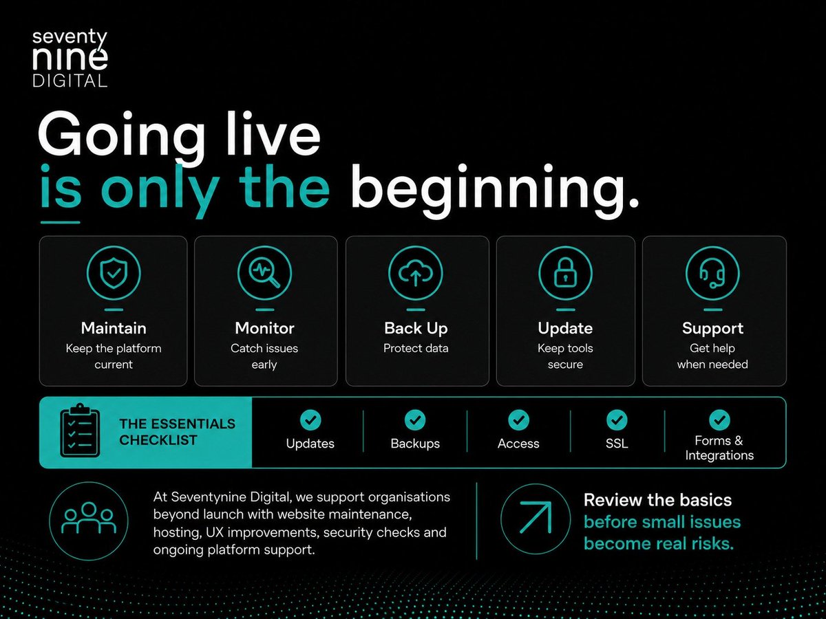 seventynined's tweet photo. A website is not finished when it goes live.

It needs updates, backups, SSL, access control, monitoring and support.

That is how you protect the platform, the content and the people who use it.

Seventynine Digital supports platforms beyond launch.

#websiteMaintenance https://t.co/9XklzWathJ