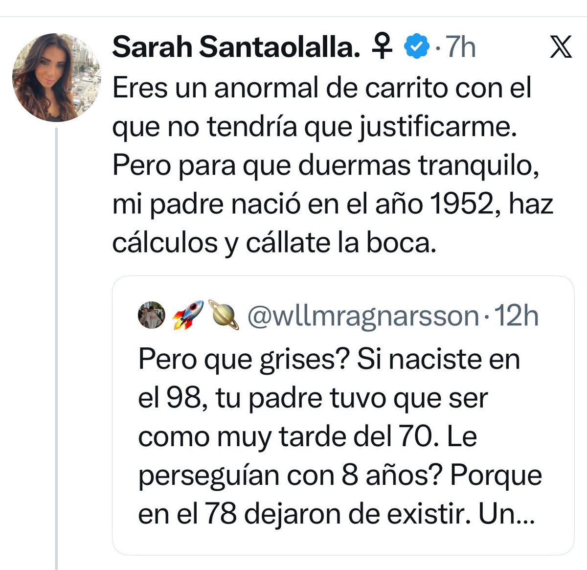 drcuadradogs's tweet photo. Pues eso Sarah, si hago cálculos, en la noticia de mi tuit previo dices que tu padre murió a los 50 cuando tú tenías 18. Por tanto si naciste en el 98, y murió en 2016, tu padre nació en el 66 y no en el 52.
https://t.co/OqzlAqVtCs https://t.co/ckoHs4oDQh