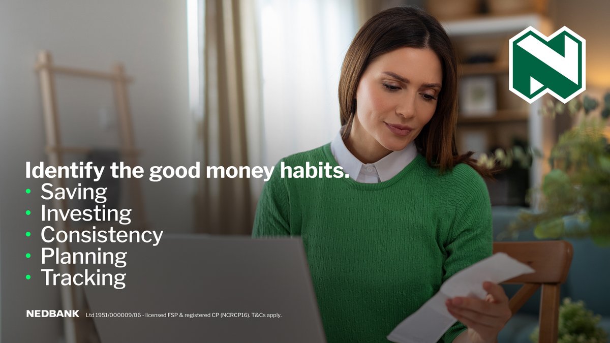 Nedbank's tweet photo. Good money habits are what keep you winning at your finances.

Share the 2 good money habits that have kept you on top of your finances in 2026 in the comments using We💚Nedbank and you could win 1 of 15 cash prizes. 

T&amp;Cs apply. https://t.co/nasbtQMYrI