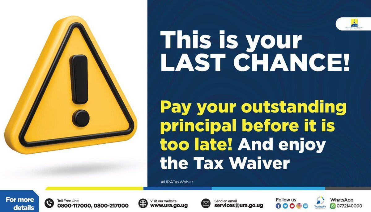 Uganda1212's tweet photo. Good morning, Uganda! 🇺🇬

Today’s greeting comes with a gentle reminder; It’s the last day of the financial year.

Let’s cross the finish line together by meeting our tax obligations and closing the year strong.

URATaxWaiver
#FFeBanno
@URAuganda https://t.co/eQZvH7XXEk