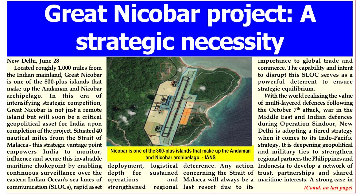 Andaman_Admin's tweet photo. #GreatNicobar is a cornerstone of #India's evolving #IndoPacific strategy to secure the nation's #MaritimeFuture. Positioned near the #StraitofMalacca, which serves as an unsinkable aircraft carrier, enabling rapid asset deployment, logistical depth and continuous "space-to-seabed" surveillance over vital sea lanes of Communication.