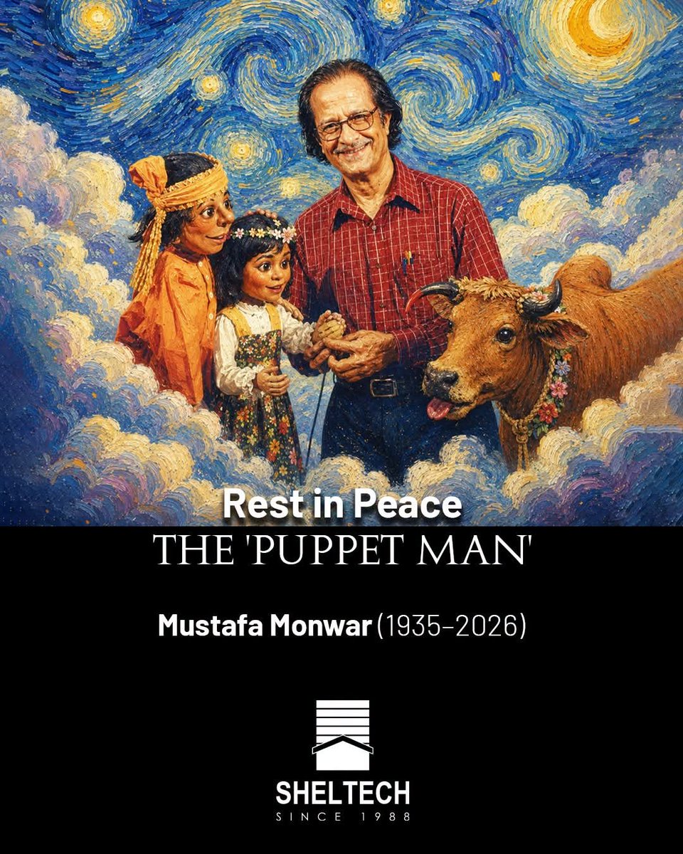 winoverpain's tweet photo. Sheltech pays profound tribute to Ekushey Padak recipient, artist & puppeteer – Mustafa Monwar. Through his pioneering television art lessons, he guided generations to discover the magic of creativity. We are grateful for the memories, stories & dreams he inspired.

#RIP #TributeArtist #PuppetShow #Sheltech