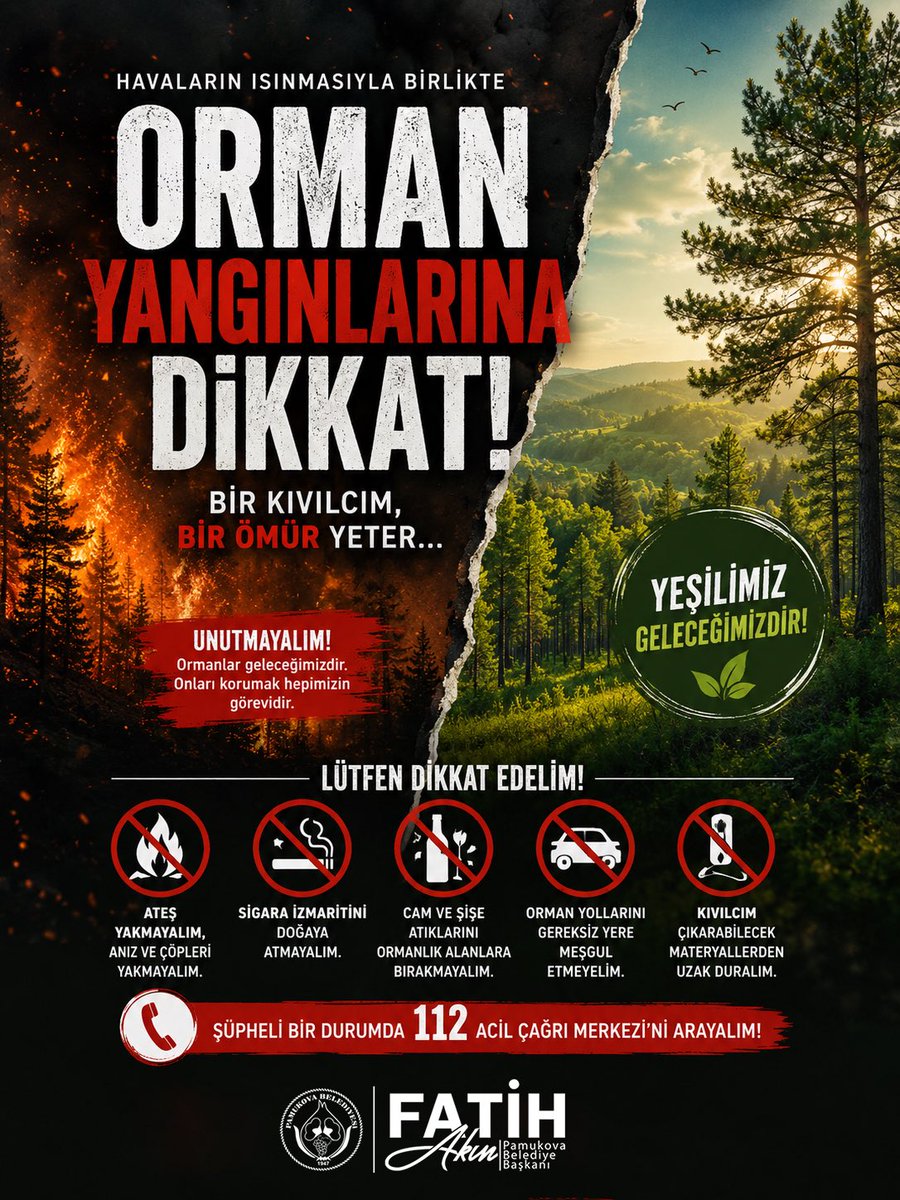 pbbfatihakin's tweet photo. Geçtiğimiz yıl hepimizi derinden üzen orman ve arazi yangınları, doğamıza ve geleceğimize büyük zarar verdi.

Aynı acıları yeniden yaşamamak için bu yıl çok daha dikkatli olmalıyız. Özellikle sıcak havaların etkisini artırdığı bu günlerde anız yakmamak, ormanlık alanlarda ateş yakmamak, sigara izmaritlerini gelişigüzel atmamak ve en küçük dumanı dahi vakit kaybetmeden 112’ye bildirmek hepimizin ortak sorumluluğudur.

Doğamızı korumak, geleceğimizi korumaktır. Gelin, el ele vererek yeşil vatanımıza sahip çıkalım ve yangınlara karşı hep birlikte tedbirli olalım.