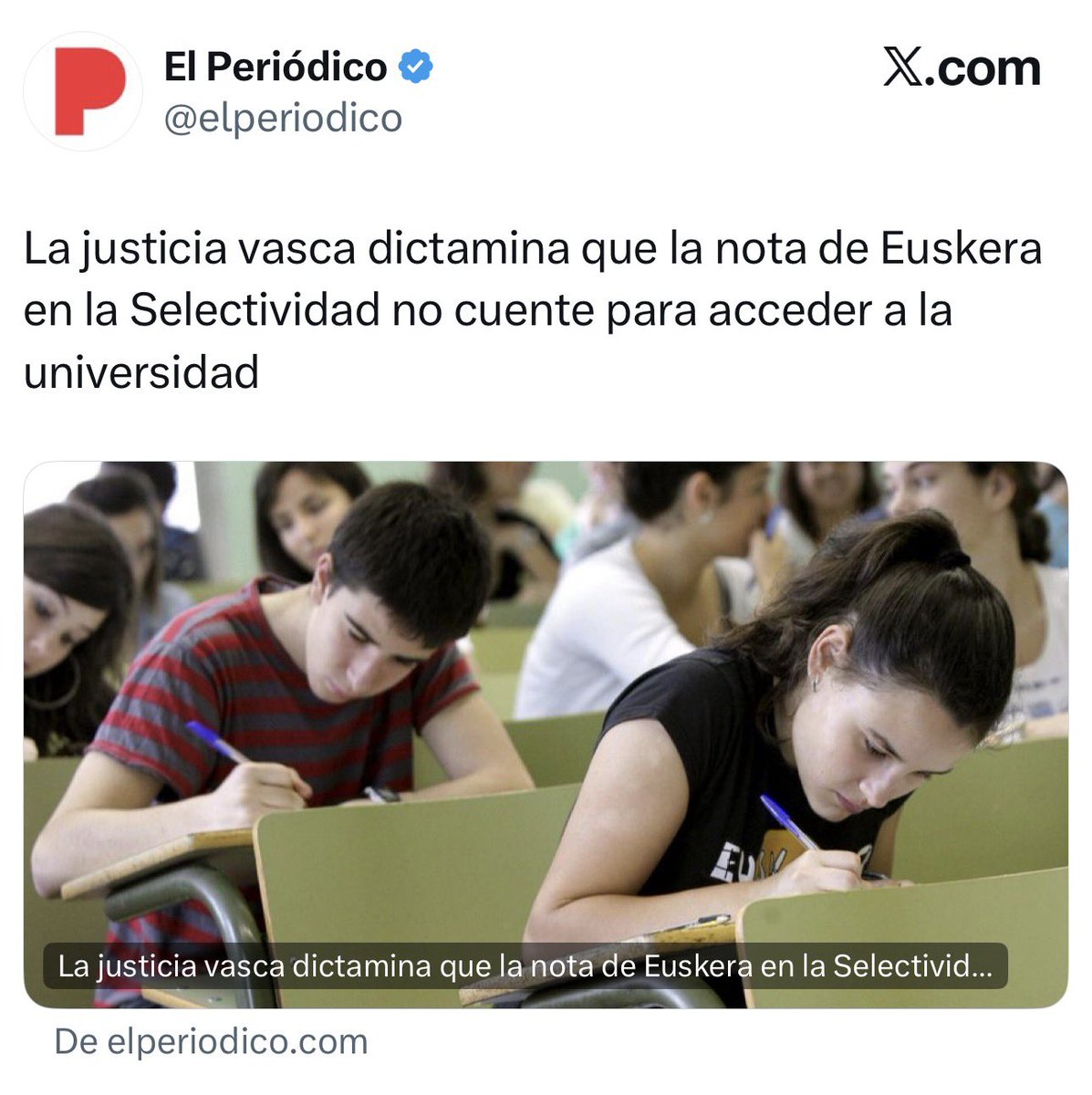 francescd's tweet photo. El pamflet The Nota parla de ‘justicia vasca’ tot i saber que no existeix i que a tot l’Estat mana una sola justícia (sic!): l’espanyola. Entre altres coses per això: mantenir el jou espanyol en qüestions espanyolíssimament essencials, com ara imposar el supremacisme lingüístic.

I aquí no valen les bones relacions circumstancials que puguin tenir PNB o Bildu amb el gobierno de torn. Aquí va d’euskera o espanyol i aquí punxen os amb amb espanya. Res a fer, res a negociar.

Per això podem enganyar-nos -o podem autoenganyar-nos- com vulguem però parlant de drets lingüístics o de qualsevol altra mena dins d’espanya, els de Catalunya (o els d’Euskadi) sempre seran menors.

Catalunya o espanya, independència o submissió. Tu tries (i ja hem triat).