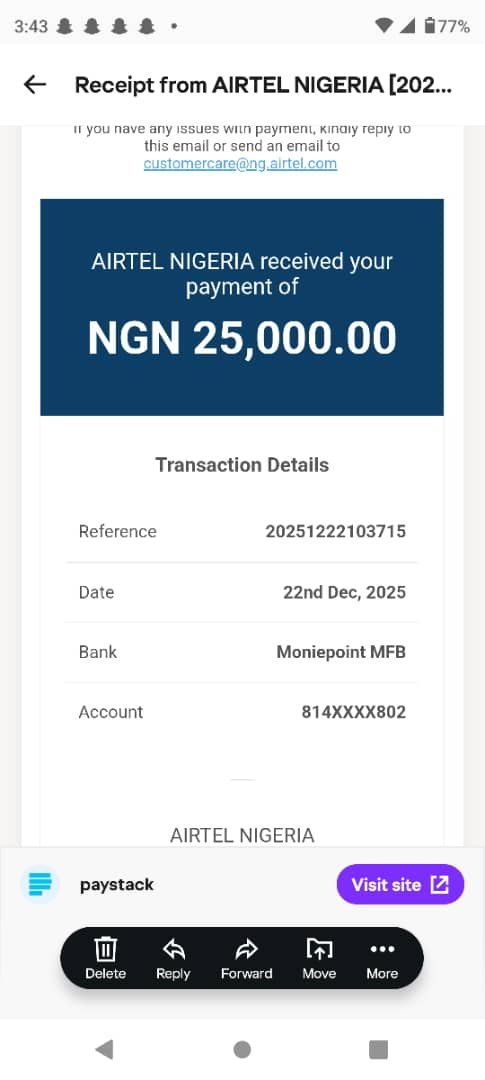 Seanreward's tweet photo. I paid for ODU since 22nd December 2025 up till now I did not get any call for installation where as I have all evidence of payment attached below
@AirtelNigeria https://t.co/wdo3Em9HrM