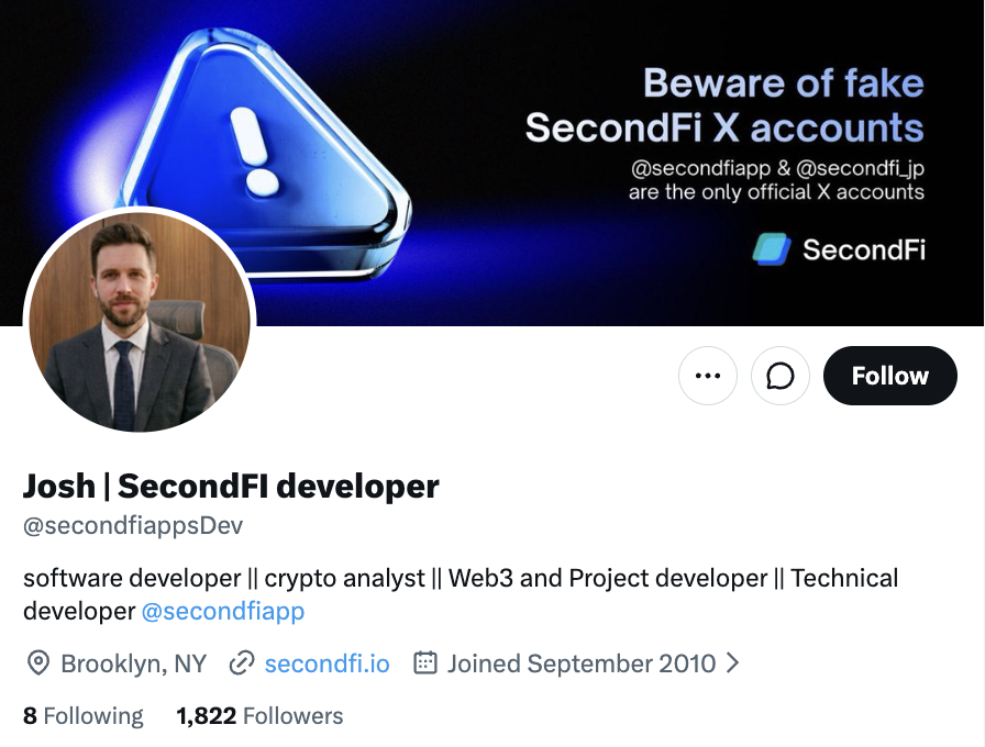 secondfiapp's tweet photo. ⚠️ IMPORTANT SECURITY REMINDER

These are the ONLY OFFICIAL SecondFi channels:
▪️ X accounts @secondfiapp and @secondfi_jp
▪️ Support portal: https://t.co/bKfl8SJBNu

We will never DM you first or ask for your recovery phrase.
Any other account is a scam account.

If you come across a fake account or suspicious message, please report it to X. The screenshots below show known impersonator accounts to watch for.

Stay alert, and only trust updates from our official channels.