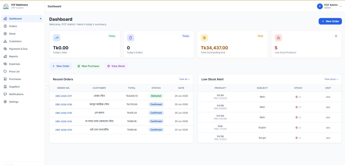 mrborhanuddin's tweet photo. Built a custom ERP for FCF Stationery House using AI.

✅ Sales Dashboard
✅ Inventory &amp; Customer Management
✅ Payments &amp; Due Tracking
✅ Low Stock Alerts
✅ Reports &amp; Expenses
AI is changing how business software is built.

#AI #ERP #SaaS #BuildInPublic #Bangladesh https://t.co/U0MiP8SaGP