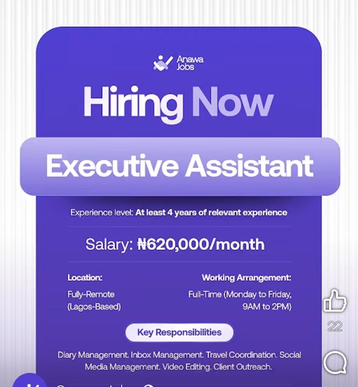 realAdeyemo's tweet photo. Hiring: Executive Assistant 
📍 Remote(Fully Remote)
💰 Salary: 650,000/Month
Note: Lagos based, but if you can relocate it is fine.
Working Arrangement: Monday to Friday, 9AM to 2PM)
✅Key Responsibilities:
Diary Management, Inbox Management, Travel Coordination, Social Media Management, Video Editing and Client Outreach.

Are you interested?
