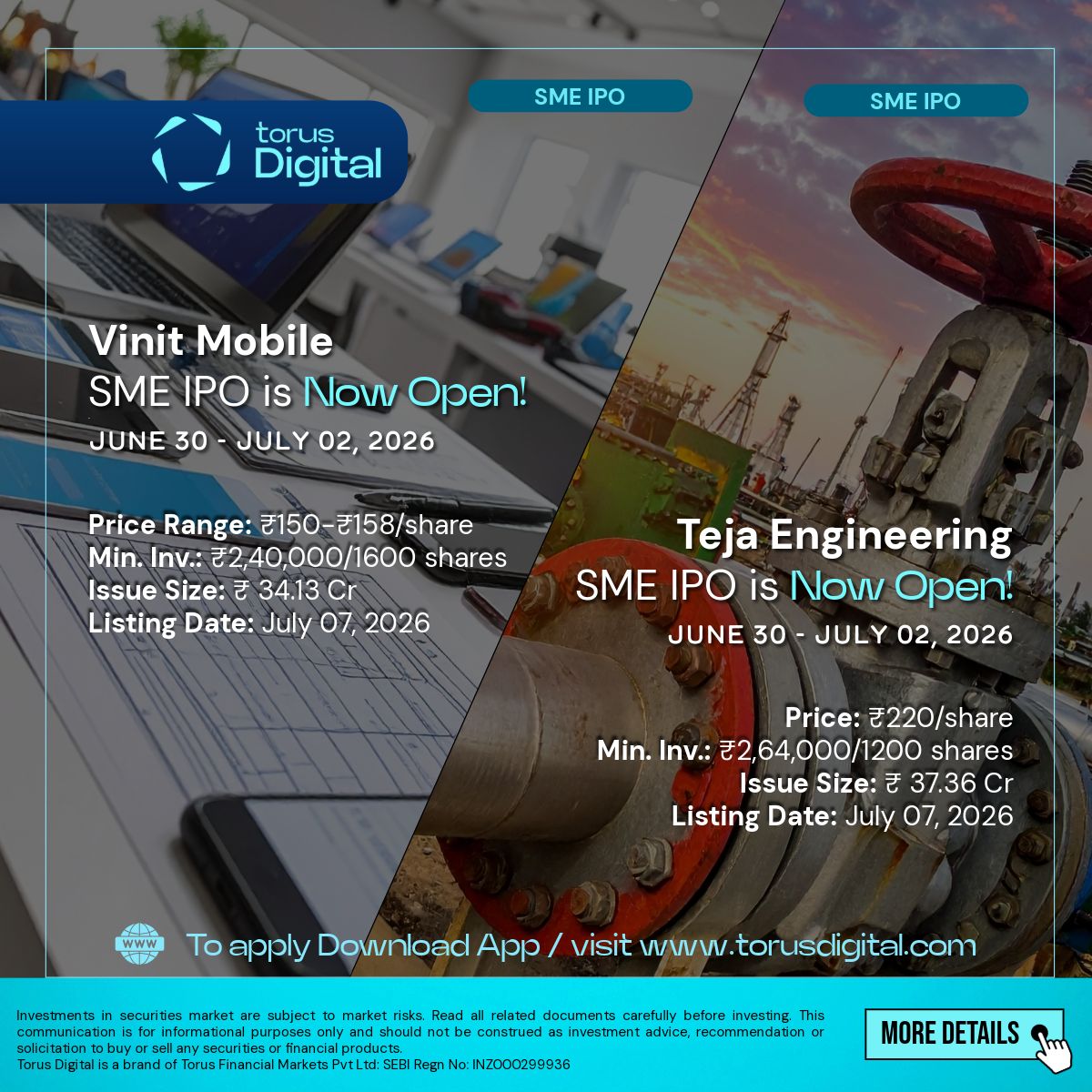 torus_digital's tweet photo. SME IPOs Live for bidding!
Planning to invest in any? Let us know below.

IPO Details:
Vinit Mobile: https://t.co/aBV8aLWPUB
Teja Engineering: https://t.co/7IKMfipA5G 

#IPO #UpcomingIPO #IPOInvestment #IPOAlert #IndianStockMarket #StockMarketIndia #Investing #Trading #ShareMarket #DalalStreet #SMEStocks #IPOUpdates #MarketNews #TorusDigital