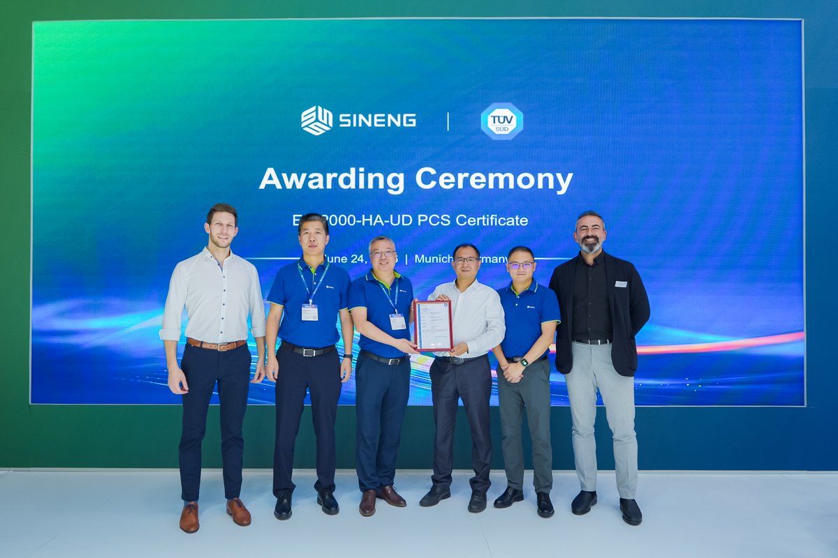 ElectricSineng's tweet photo. 𝐂𝐞𝐫𝐭𝐢𝐟𝐢𝐞𝐝 𝐟𝐨𝐫 𝐆𝐞𝐫𝐦𝐚𝐧𝐲’𝐬 𝐆𝐫𝐢𝐝 𝐒𝐭𝐚𝐧𝐝𝐚𝐫𝐝𝐬

TÜV SÜD has awarded Sineng Electric's EH-2000-HA-UD, EH-1725-HA-UD, and EH-1250-HA-UD PCS series certification for compliance with VDE-AR-N 4110:2023, VDE-AR-N 4120:2018/A1:2024, FGW TR3:2022, FGW TR4:2022, and FGW TR8:2019, confirming the products meet Germany's stringent medium- and high-voltage grid connection requirements.

As energy storage continues to play a pivotal role in Europe's energy transition, compliance with evolving grid codes is essential for ensuring reliable and resilient grid integration. This certification further reinforces Sineng Electric's commitment to delivering high-performance, grid-ready energy storage solutions that support utility-scale projects across Germany and the broader European market.

#SinengElectric #EnergyStorage #PCS #GridCompliance #GridConnection #TUVSUD #IntersolarEurope2026 #RenewableEnergy #EnergyTransition #Germany #Europe