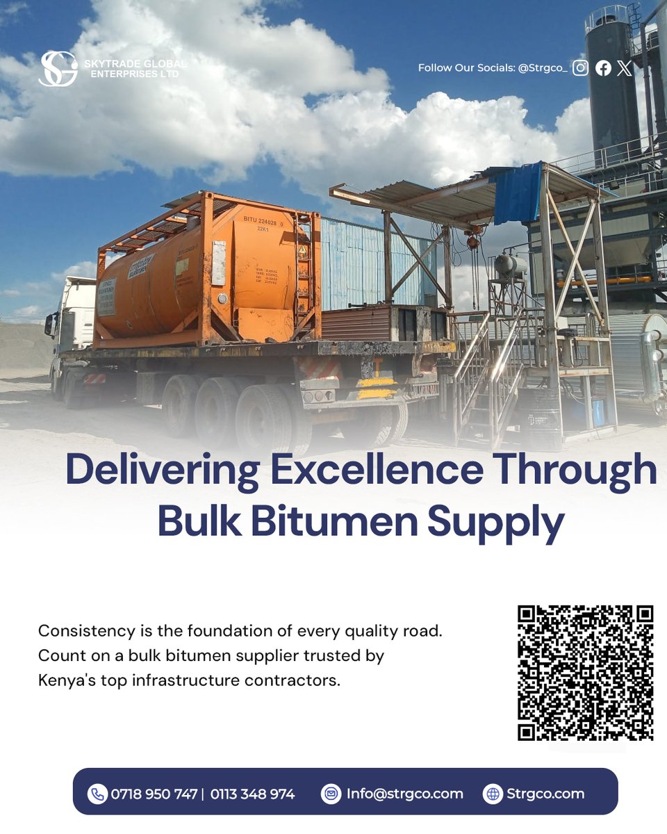 strgco_'s tweet photo. Every successful road project starts with a reliable bitumen supply partner. We deliver premium bulk bitumen engineered for superior asphalt performance, exceptional durability, and consistent quality across every shipment. Trusted by contractors and infrastructure developers, we help keep projects on schedule with dependable supply from source to site.
Call us: 0113 348 974 | 0718 950 747
Visit: https://t.co/zDLz1XIx6V
#BitumenExperts #QualityYouCanSee #bitumen #BitumenSupply #BitumenExport #bitumen_price #quality #BitumenSupply #yourbitumendistributor #bitumenkenya #bitumeneastafrica #BuildingSolutions #ConstructionKenya #KenyaStandards #ReliableMaterials #logistics #supplychain #bulkbiumen #delivery #trustedsupplier