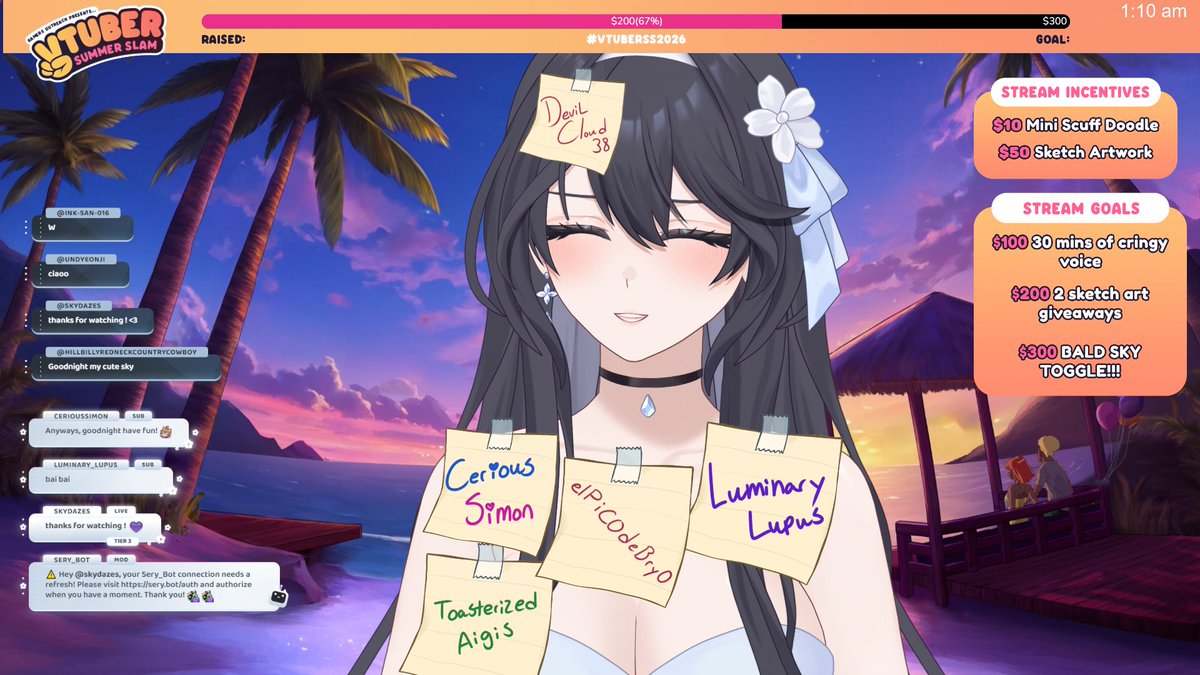 Sky_Dazes's tweet photo. Ended the VtuberSummer Slam Charity event with reaching the goal of 200! Thank you so much to those who have generously donated to @GamersOutreach to bring the joy of Video Games to kids in children Hospitals world wide.  I had so much fun participating the event #VTuberSS2026 https://t.co/97oFepP86y