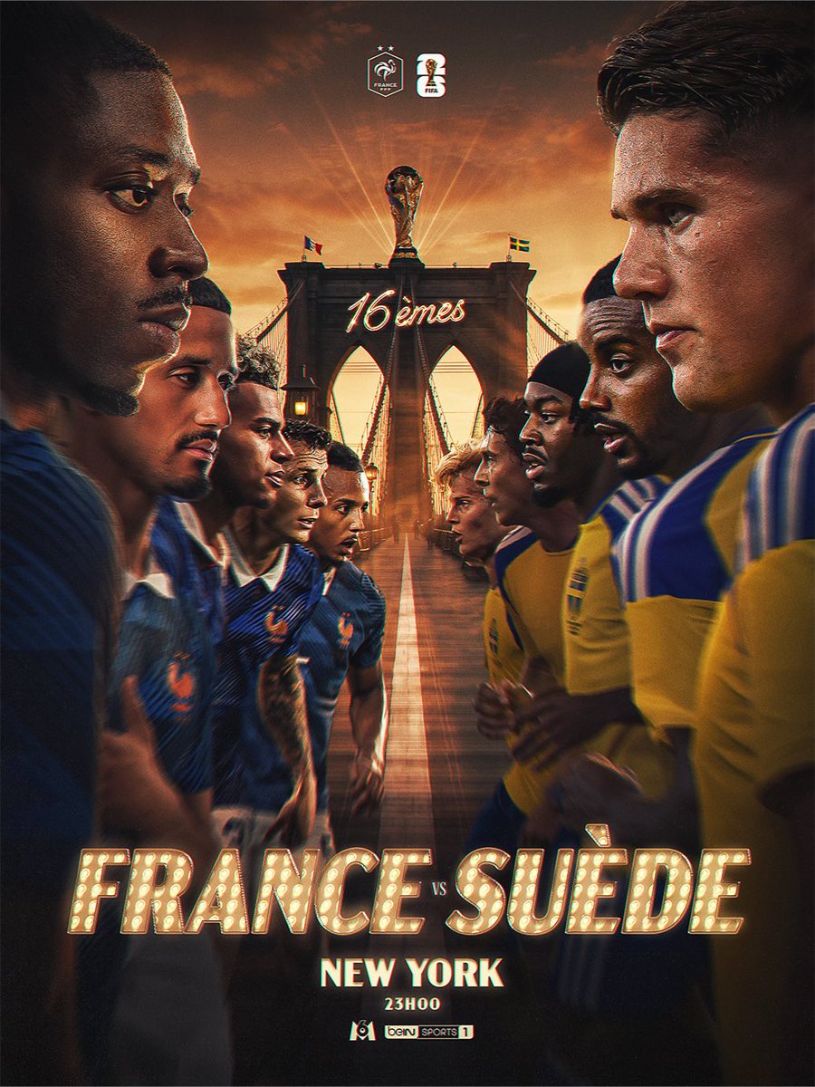 equipedefrance's tweet photo. 👊 Une nouvelle compétition commence aujourd’hui pour nos Bleus avec le début de la phase à élimination directe !

🏆 16e de finale de la Coupe du monde 
🇫🇷 France 🆚 Suède 🇸🇪
📍 New York 
🕚 23h00
📺 M6 &amp; beIN SPORTS 1

#FRASWE | #FIFAWorldCup https://t.co/cc5AB7K8Ro