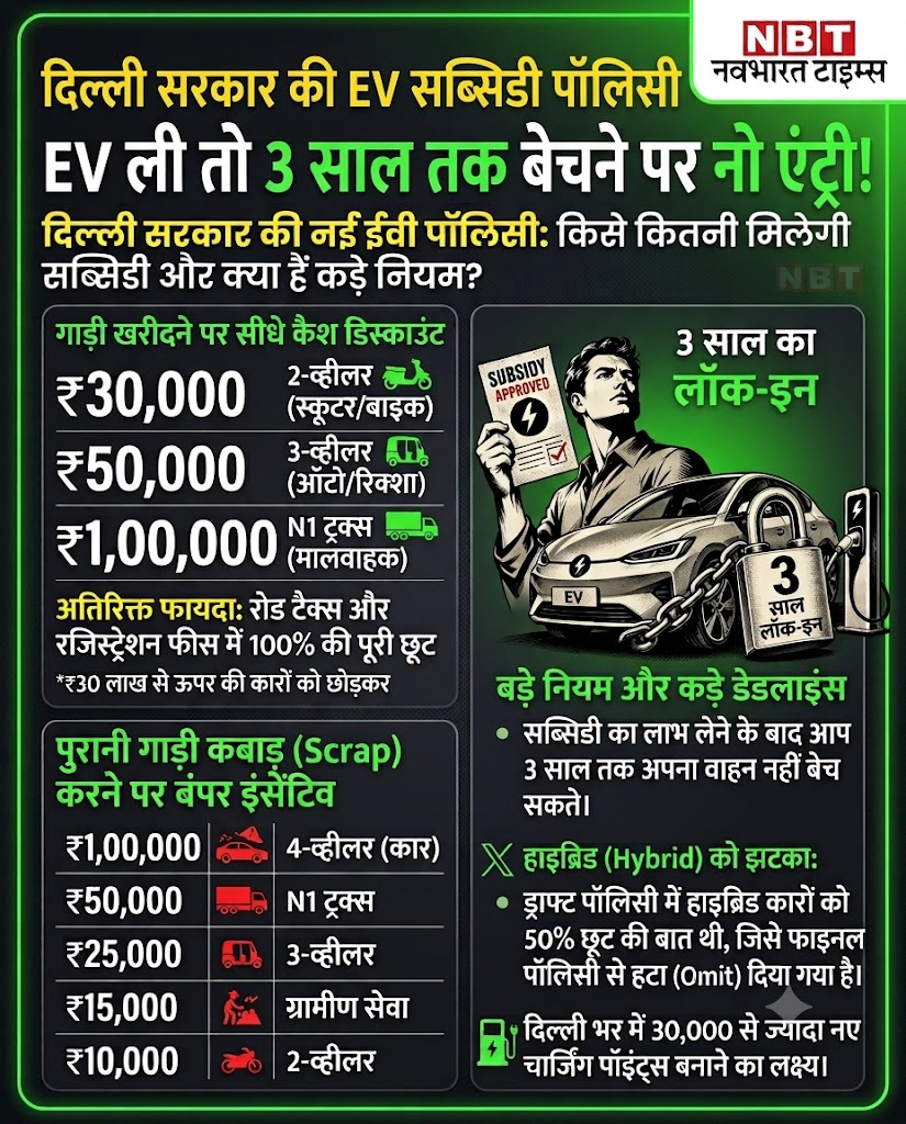 NavbharatTimes's tweet photo. दिल्ली में EV खरीदने की सोच रहे हैं? तो पहले नई पॉलिसी के ये कड़े नियम और बंपर सब्सिडी के आंकड़े जान लीजिए!

दिल्ली सरकार ने अपनी नई इलेक्ट्रिक व्हीकल (EV) नीति को लेकर बड़े बदलाव किए हैं। अगर आप नई ईवी खरीदते हैं, तो आपको ₹30,000 से लेकर ₹1,000,000 तक की भारी सब्सिडी और रोड टैक्स-रजिस्ट्रेशन में 100% की छूट मिल सकती है। साथ ही पुरानी गाड़ी को स्क्रैप (कबाड़) करने पर भी सरकार ₹1 लाख तक का अलग से इंसेंटिव दे रही है।

लेकिन एक बड़ा पेंच है!
सरकार से सब्सिडी का फायदा उठाने के बाद आप अगले 3 साल तक अपनी गाड़ी किसी और को बेच नहीं पाएंगे। इसके अलावा हाइब्रिड कारों को मिलने वाली रियायतों को इस फाइनल पॉलिसी से पूरी तरह बाहर कर दिया गया है।

#EVPolicy #DelhiEV #ElectricVehicles #EVSubsidy