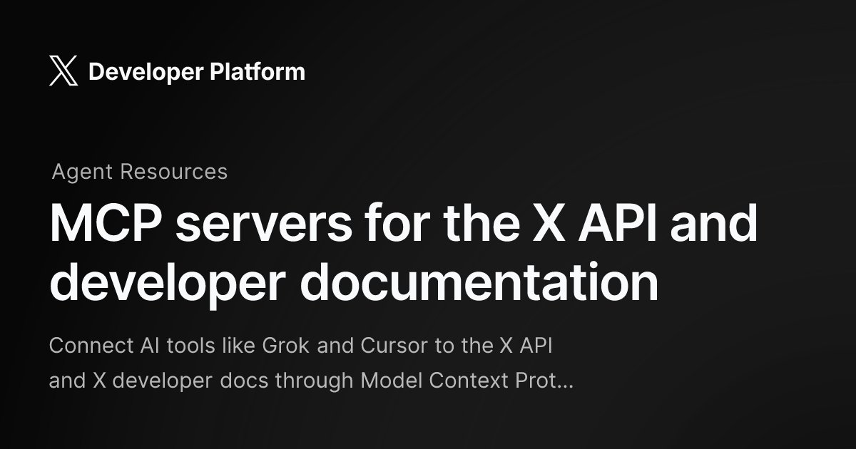 masahirochaen's tweet photo. 【速報】X公式が「X MCP」を発表。

Grok・Cursor・Claudeなど任意のMCP対応AIを、ほぼ設定ゼロでX APIに繋げられるようになった。

・API操作用(api.x. com/mcp)とドキュメント検索用(docs.x .com/mcp)の2サーバ構成
・投稿取得・全アーカイブ検索・トレンド/ニュース・ブックマーク・記事投稿まで対応
・認証は初回ブラウザでOAuthログインするだけ、以降は自動更新

世界最速のリアルタイム情報をAIへ直結する標準ルート。エージェント開発が一気に捗る。

CLIやAPIとの違いはスレッドで解説👇