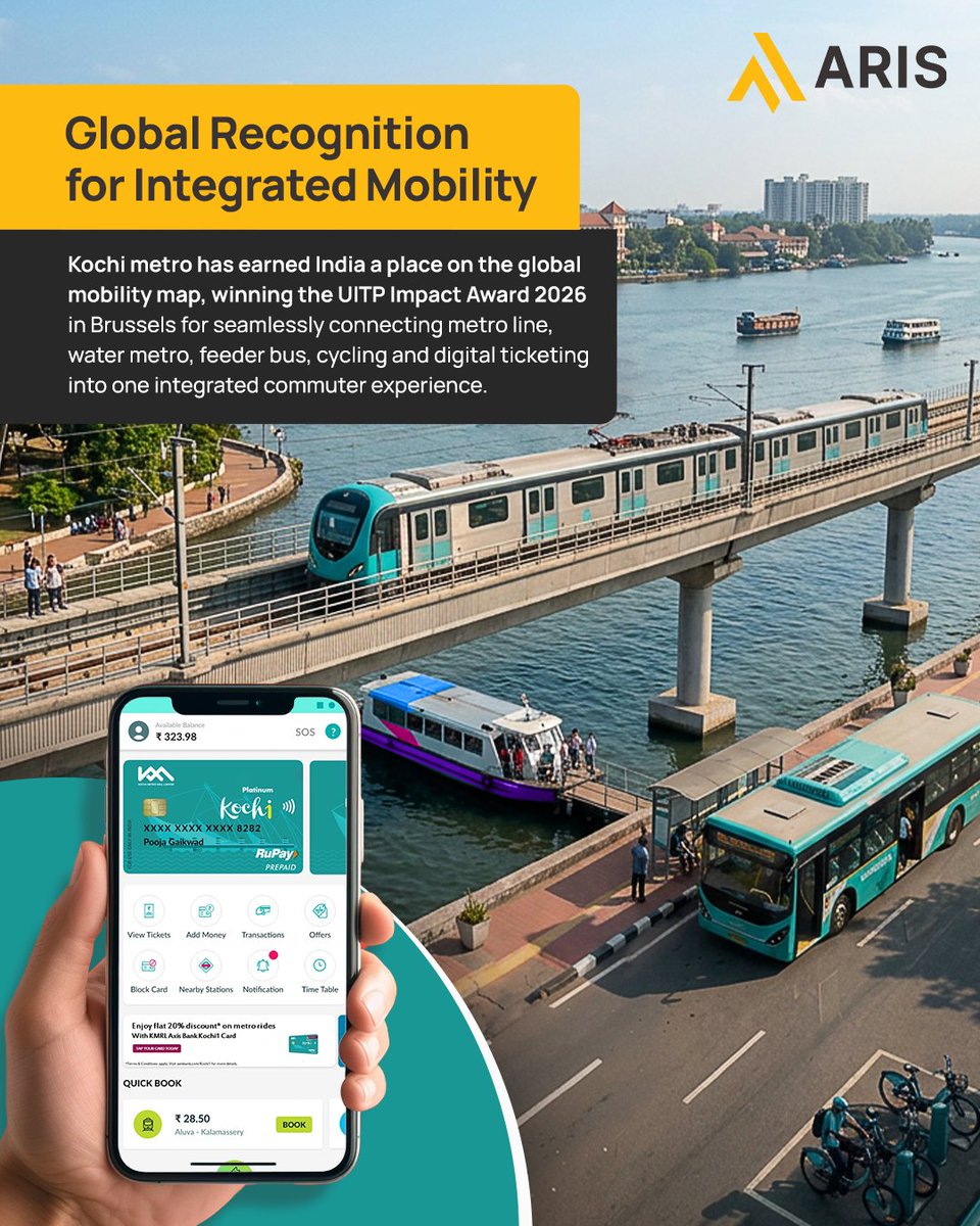 ARIS_ltd's tweet photo. Kochi Metro has won the UITP Impact Award 2026 for creating an integrated mobility ecosystem.

At ARIS, we believe the same principle applies to construction, bringing procurement, materials, and execution together to deliver projects with greater predictability and scale.

#ARIS https://t.co/AUZ2Wy56fq