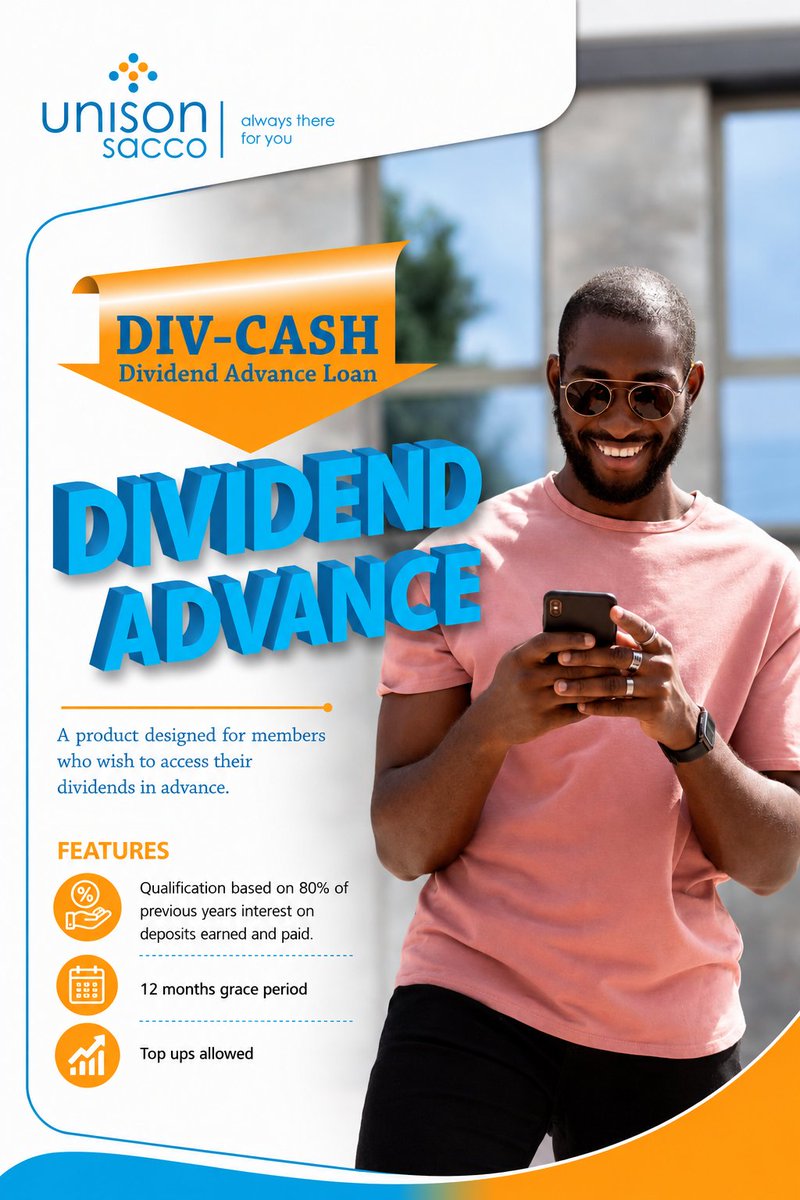 UnisonSacco's tweet photo. Your dividends can do more! Access up to 3× your previous year's dividends with Unison Sacco DIV-CASH. Apply today.
T&C Apply.
#unisonsacco #divcash #alwaysthereforyou https://t.co/K3kGt8iUAD