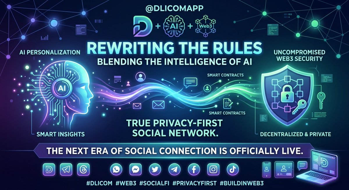Sean82093269057's tweet photo. @DlicomApp is rewriting the rules—blending the intelligence of AI with the uncompromised security of Web3 to deliver a true privacy-first social network. 🌐
The next era of social connection is officially live. ⚡
#Dlicom #Web3 #SocialFi #PrivacyFirst #BuildInWeb3 https://t.co/qBu5jJzrcW