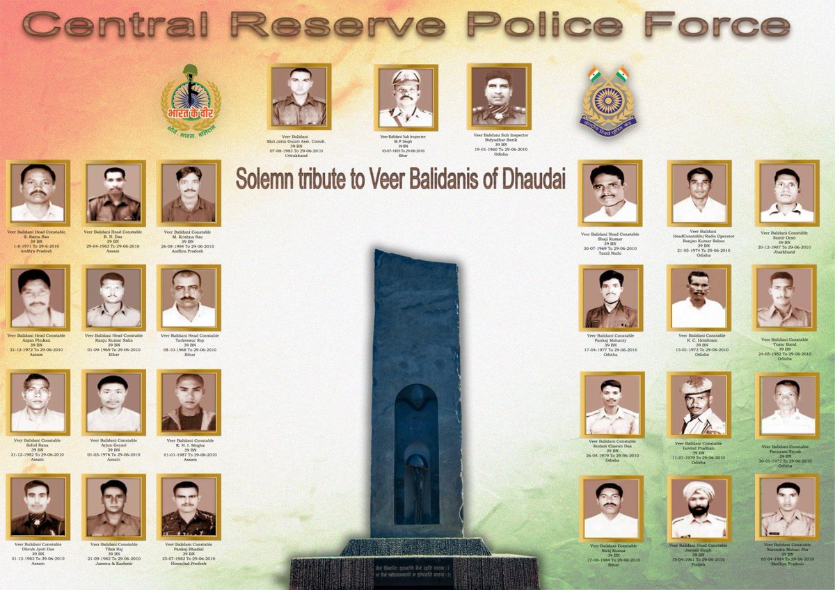 SSB_INDIA's tweet photo. Tribute to #Bravehearts 🇮🇳

#DGSSB and all ranks of #SSB pay solemn tribute to the 27 valiant troopers of 39 Bn, #CRPF, who made the supreme sacrifice on 29 June 2010, at a place 3 Km far from Dhaudai in Narayanpur district, #Chhattisgarh, while serving the #Nation with unwavering courage and dedication.

Their valour, devotion to duty and selfless sacrifice will continue to inspire generations.

We remember. We honour. We salute.

#Bravehearts #NationFirst #BharatKeVeer #DutyHonourSacrifice

@crpfindia @BharatKeVeer @BKV_MHA