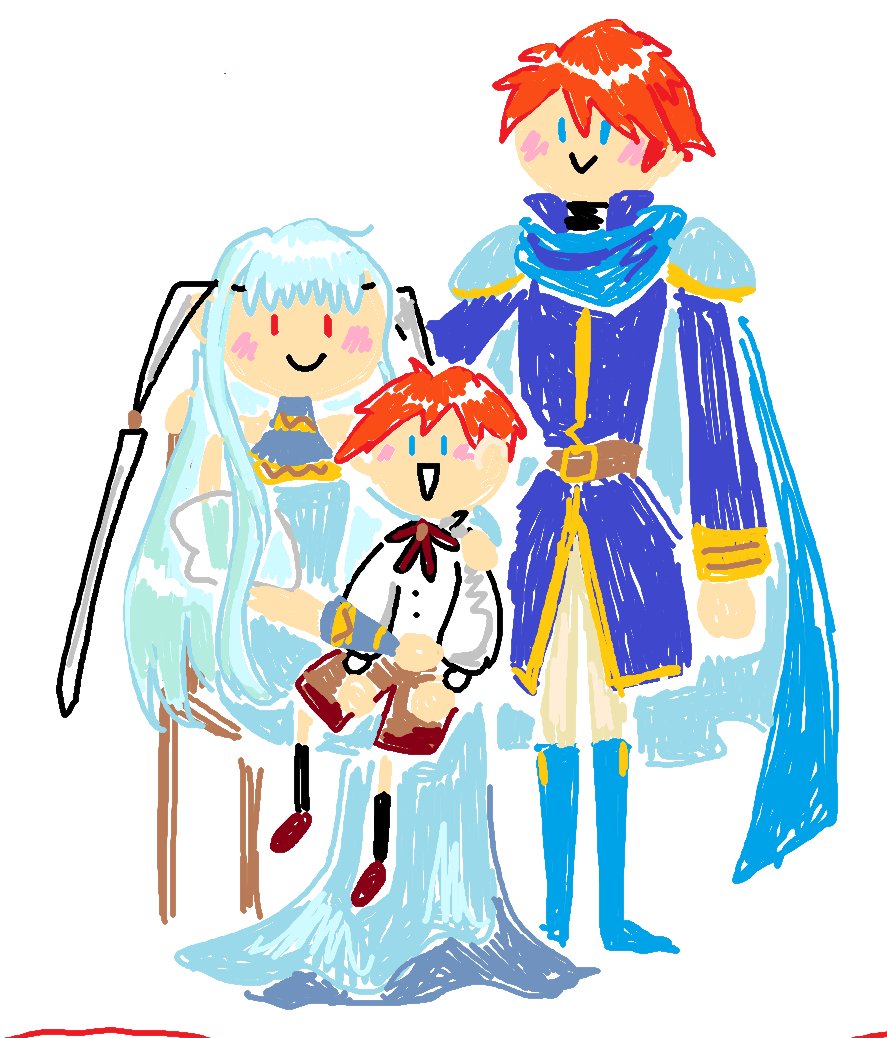 MJippers's tweet photo. Was doodling a bunch of FE characters in MS paint months ago, and most of it turned out goofy, but I liked this little family thing and was going to post it on Father's Day but I forgot lmao. I like to imagine this is how lil Roy would draw his fam (sorry for Ninian bias whoops) https://t.co/ai9jiWUb8A