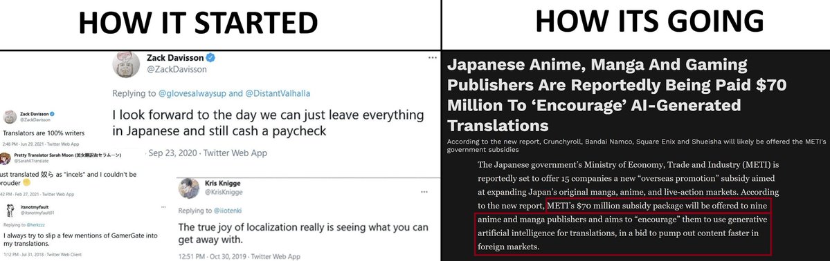 GiveMeBanHammer's tweet photo. [1/5]
A🧵 I am splitting it in parts to make it easier. 

Tldr: JP government likely pressuring JP companies to replace Western "Localizers" with Ai translations. I have opinions.

Full thread:
Big news has been circulating in the anime/manga side of the website - the Japanese Government is going big into the anime/manga industry with a twist.

The industry appears to be phasing out the establishment "Localizers" in favour of Ai translations. The usual suspects the Western "Localizers" are up in arms, panicking and complaining about this state of affairs, obviously.

Now I do want to say with honesty - that I have zero sympathy for the "localizers" who go around vandalising every single source material from Japan and elsewhere, mocking attacking and smearing you for noticing the problems...

Now as their "jobs" are at risk, they are begging for support and solidarity? No. They have not done the same for any of us who are fans of anime and manga, in fact all the feelings they have for us, is malice, loathing and unrestrained disdain.

So scratch that, not only do I have zero sympathy for the "Localizers", I have negative sympathy. In fact, even the most ardent Ai haters offer a level of tolerance for Ai on this matter.