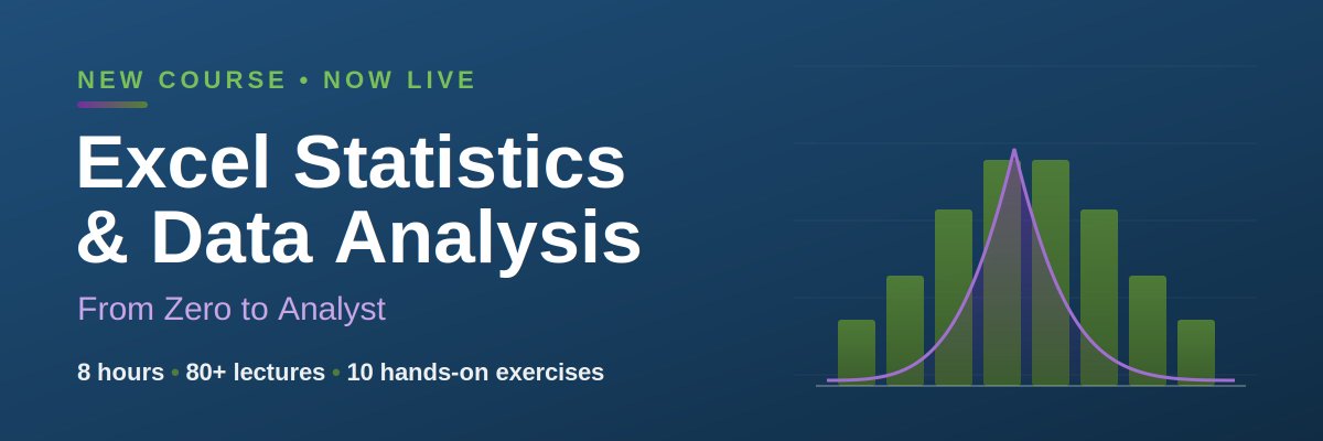 mellontraining's tweet photo. 📊 New course is LIVE: Excel Statistics & Data Analysis — From Zero to Analyst.

No math degree. No Python. Just Excel.

8 hrs · 80+ lectures · 10 hands-on exercises that mirror a real analyst's first week.

Launch price for a few days 👇https://t.co/utRbB7qQKO

#Excel #Statistics #DataAnalysis