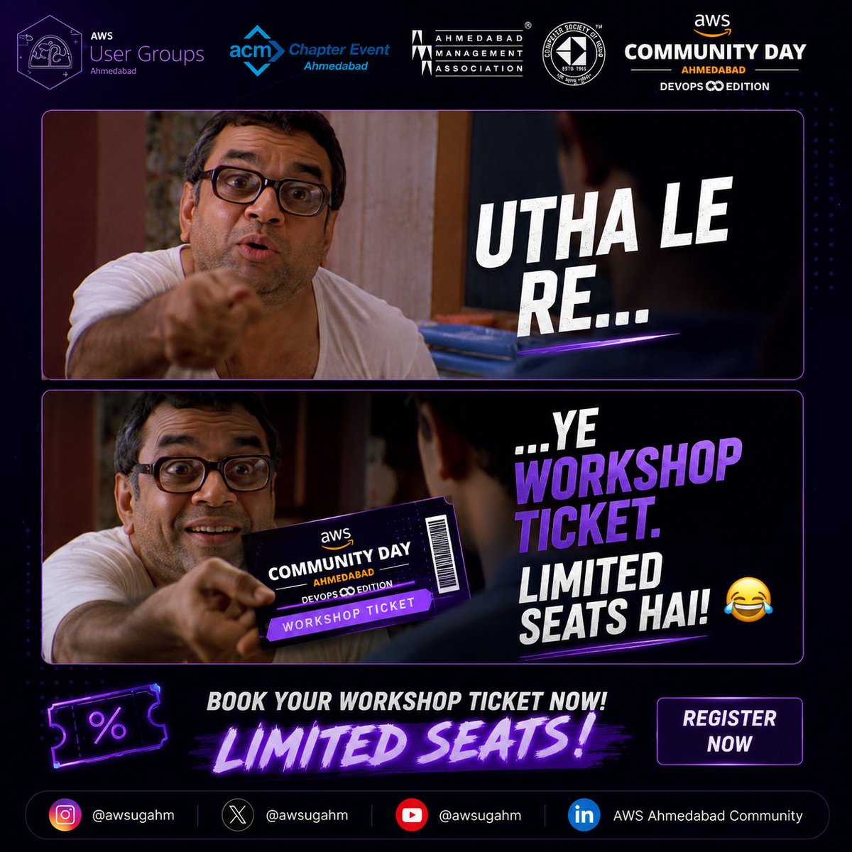 Cycad_Palm's tweet photo. 🚨 Friend: "I'll register later."
AWS Community Day: "Utha le re... ye workshop ticket!" 😂

Don't let procrastination steal your seat. 🎟️ Hands-on workshops • 🤝 Amazing community • 🚀 Real-world learning. Limited seats—register now!

#DEVOPSEDITION2026 #AWSome #AWSUGAHM https://t.co/iGitpHzlN9