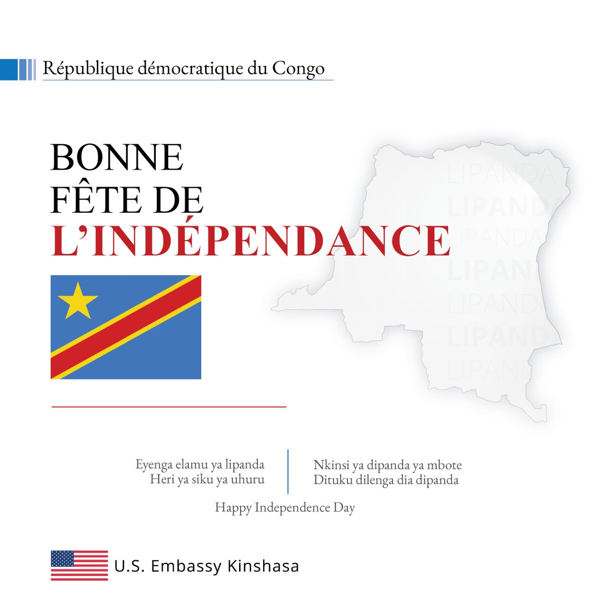 USEmbKinshasa's tweet photo. Bonne Fete de L’independance, RDC. https://t.co/NzAachU8x3