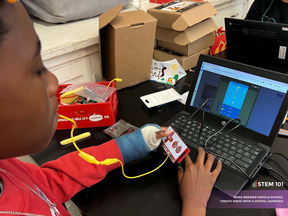 STEM101's tweet photo. Students at Edna Brewer Middle School are exploring how technology responds to the world around it.

Using the Create Ideas with a Digital Gamepad kit, they're building their own controllers and learning the principles that make them work:

✅ How switches open and close a circuit
✅ How different materials conduct electricity
✅ How a physical input can produce a digital response on screen.

Each design gives them room to experiment, test, and refine until it works.
These are foundational skills in electronics and engineering, applied through hands-on problem-solving.

Want your students learning like this? Explore the kit at https://t.co/oHdN471tWu.

#STEMforKids #HandsOnLearning #FutureEngineers #STEM101