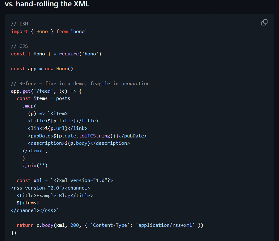 rin_montblank's tweet photo. hono-feedを作成しました
Honoで、RSS, feed系の外部ライブラリを使わずにサクッとRSS/Atom/JSON feedの配信ができます
Hono以外の依存関係なしで、Honoが動作する環境ならどこでも動作するライブラリになってます
リポジトリURLはリプに貼ります
Install: npm install hono-feed
#honojs