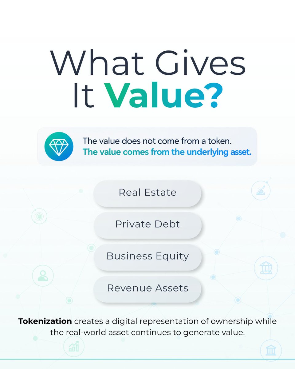 InvestVesta's tweet photo. Most people still confuse tokenization with cryptocurrency.

That's one of the biggest reasons many businesses and investors overlook its potential.

The blockchain is simply the technology. The value doesn't come from the token itself—it comes from the real-world asset behind it.

A commercial property.
A private company.
A debt instrument.
Revenue-generating assets.

Tokenization creates a secure digital representation of ownership, making these assets easier to access, manage, and distribute while preserving their real economic value.

The future of tokenization isn't about creating more cryptocurrencies.

It's about bringing real-world assets into a more efficient, transparent, and accessible financial ecosystem.

What's your opinion?

Do you think people still confuse tokenization with crypto?

👇 Share your thoughts in the comments.
#Tokenization #RealWorldAssets #RWA #DigitalAssets #PrivateMarkets #PrivateEquity #RealEstate #Blockchain #AssetTokenization #Fintech