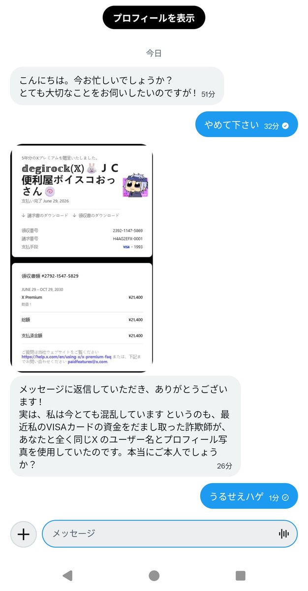 新しいパターンの詐欺師メッセ来たぞ～ みんな注意しようね！ (こんな