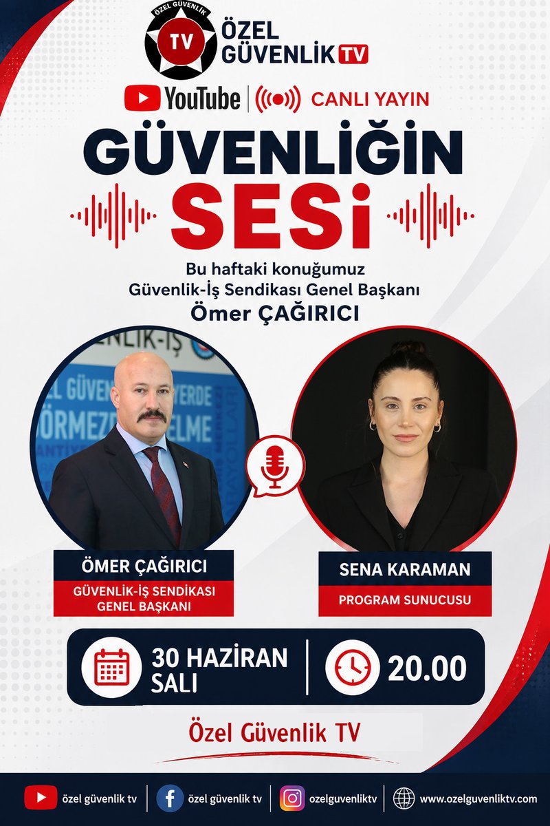 ozelguvenliktv's tweet photo. Güvenliğin Sesi'nde bu akşam Güvenlik-İş Sendikası Genel Başkanı Ömer Çağırıcı canlı yayında.
* 30 Haziran 
* 20.00
* Özel Güvenlik TV YouTube
Özel güvenlik görevlilerinin sorunları, çalışma hayatı, özlük hakları ve sektördeki son gelişmeler bu akşam masaya yatırılıyor... https://t.co/wbmsSwVQpG