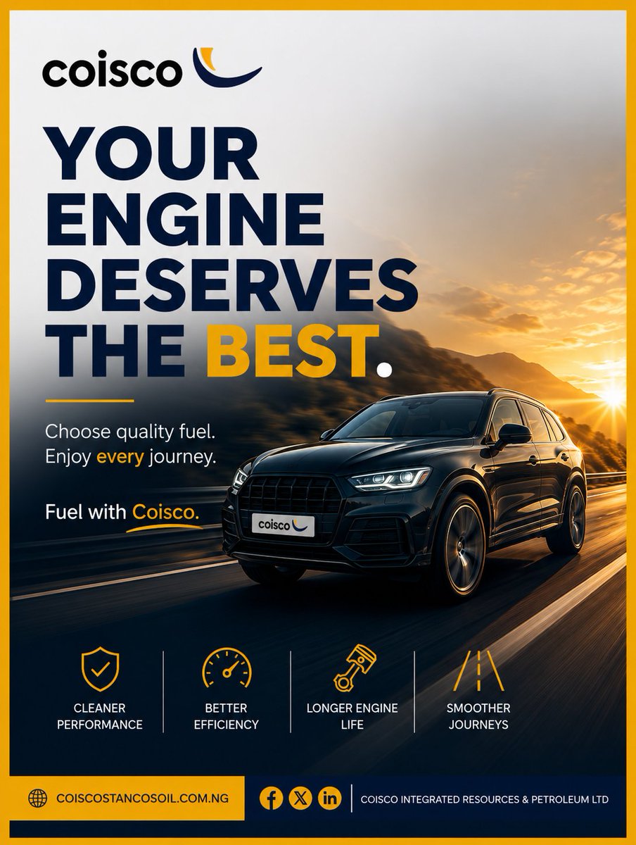 coiscopetltd's tweet photo. Your engine deserves the best.

Choose quality fuel.
Enjoy every journey.

Fuel with Coisco. ⛽

#Coisco #QualityFuel #DriveSmart #EngineCare https://t.co/ZT1CXtDY40